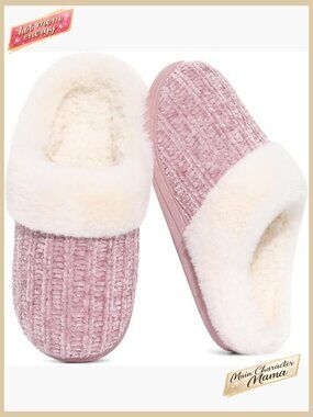 Warm Knit House Slippers Comfy Wool-Like Lined Chenille Memory Foam Indoor